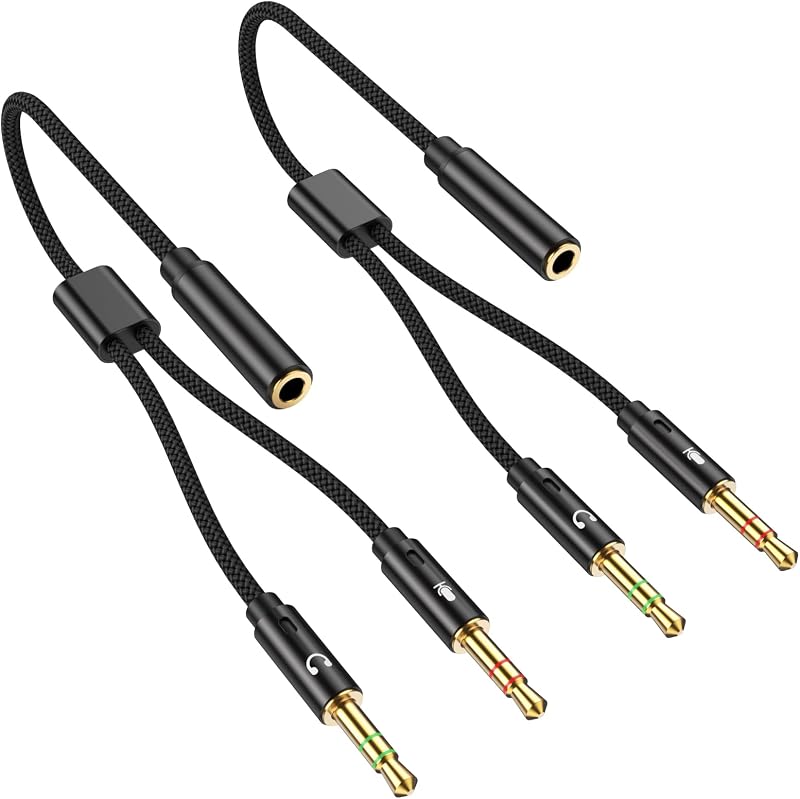 Fidioto 2PCS Headphone Mic Splitter for Computer, Braided 3.5mm Female to Dual Male Audio Splitter Cable Adapter for Gaming Headset Earphone, Speaker, Laptop