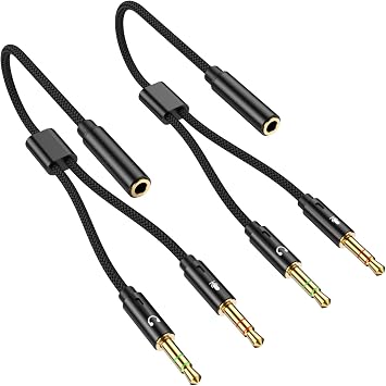 Fidioto 2Pack Headset Splitter Cable for PC, 3.5mm Headphone Mic Splitter, Braided 3.5mm TRRS Female to Dual TRS Male Audio Adapter for Gaming Headsets, PC, Laptop, Speaker