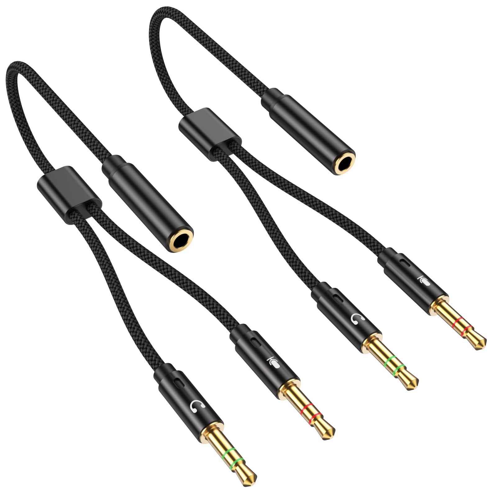 Fidioto Kopfhörer-Mikrofon-Splitter für Computer, geflochtene 3,5-mm-Buchse auf Dual-Stecker, Audio-Splitter-Kabel-Adapter für Gaming-Headset, Kopfhörer, Lautsprecher, Laptop, 2 Stück