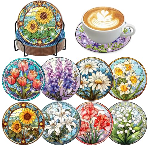 croshom 8 PCS Flowers Diamond Art Coasters Diamond Painting Coasters Kits with Holder Flowers DIY Coaster for Adults Beginners Diamonds Art Crafts Supplies Sunflowers