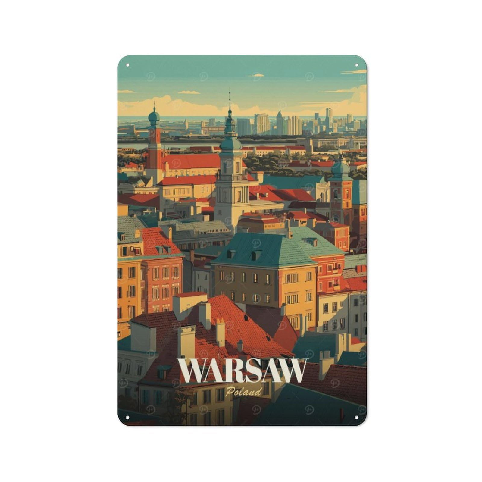 Retro Warsaw, Poland Cityscape Illustration Vintage Metal Sign 30x20cm, Room Wall Plaque for Flat, Dorm Room, Lounge Or Cafe