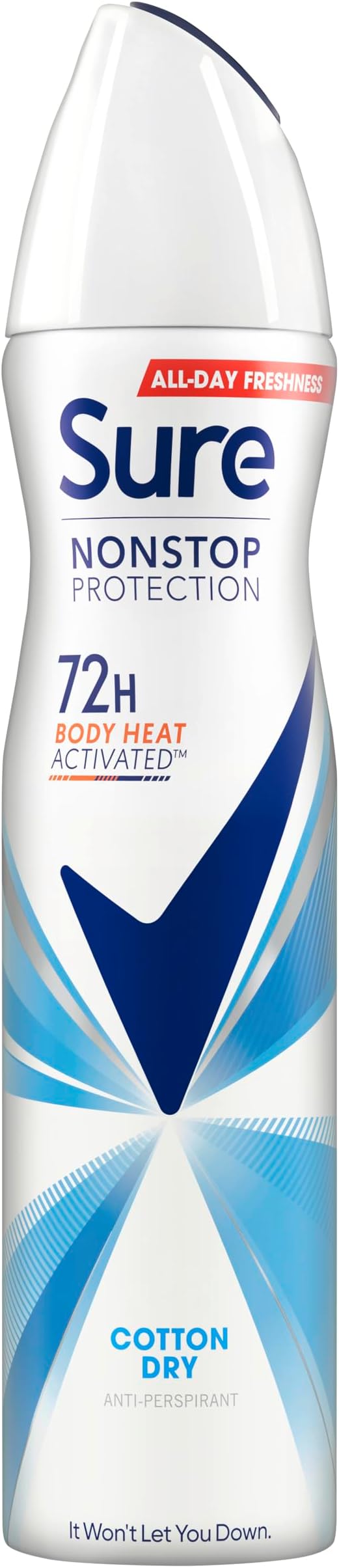 Sure Nonstop Protection Cotton Dry Anti-Perspirant Aerosol Women's Deodorant Spray with Body Heat Activated tech. and a fresh cotton sheets fragrance for 72 hour odour and sweat protection 250 ml