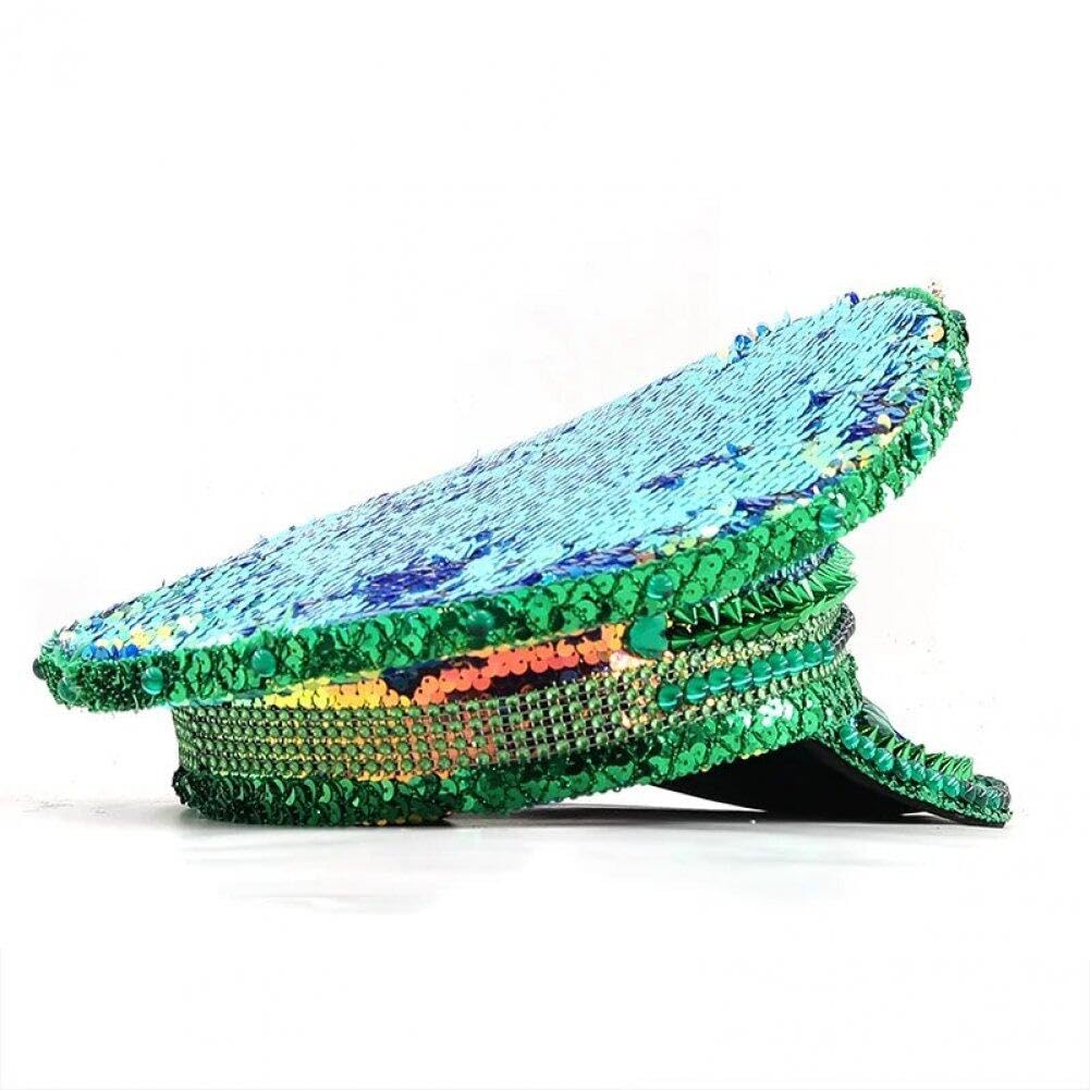 Wudaizhi Cappello da Sergente con Paillettes Cappello Militare con Strass Cappello Verde Che Brucia Cappello da Night Club Cappello da Festa per Festival