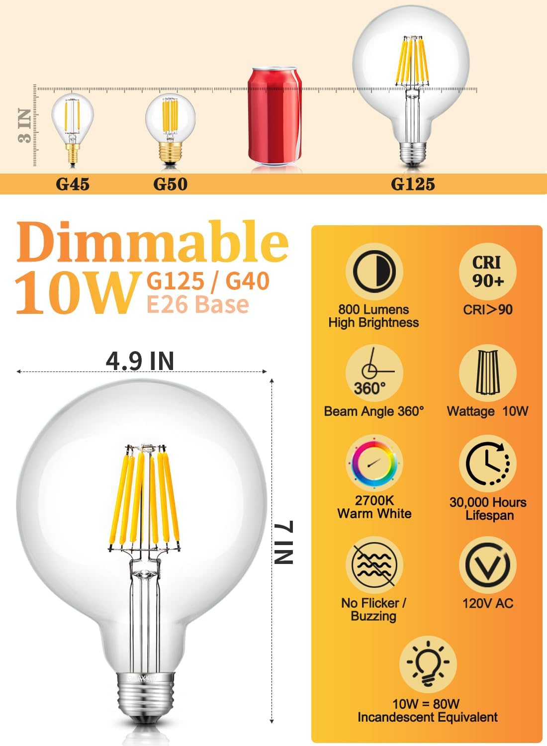 OMAYKEY 10W Dimmable Large LED Globe Bulb 2700K Warm White, 80W Equivalent 800 LM E26 Medium Base, Vintage Edison G125(G40 Replacement) Oversize Globe Clear Glass LED Filament Light Bulb