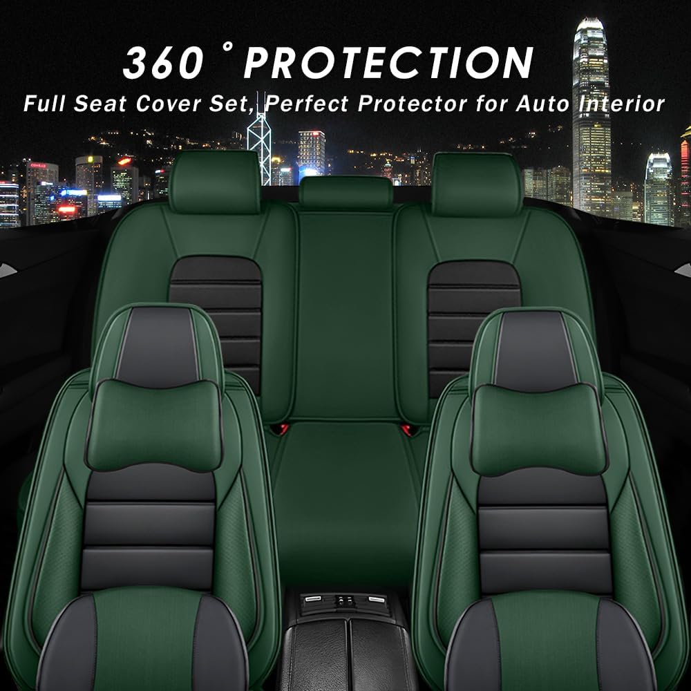 Leather Seat Covers for Chrysler Pacifica 2002-2025 with Headrests, 360° Customized Seat Protectors Compatible with Airbags,All Season Non-Slip Car Seat Cushion (Black & Green/Luxury Style)