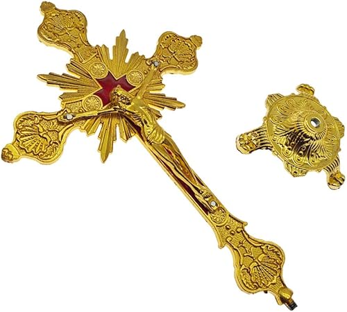 Miniatura 4 de MTYIQS Crucifijo de pie con base de 10 pulgadas de metal de mesa de Jesucristo católico de madera hecha a mano de oro antiguo para mesa, decoración