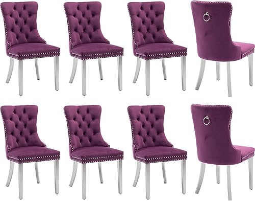 Miniatura 16 de Juego de 6 sillas de comedor de terciopelo, sillas tapizadas con respaldo alto capitoné con ribete de cabeza de clavo y anillo de tracción, patas de