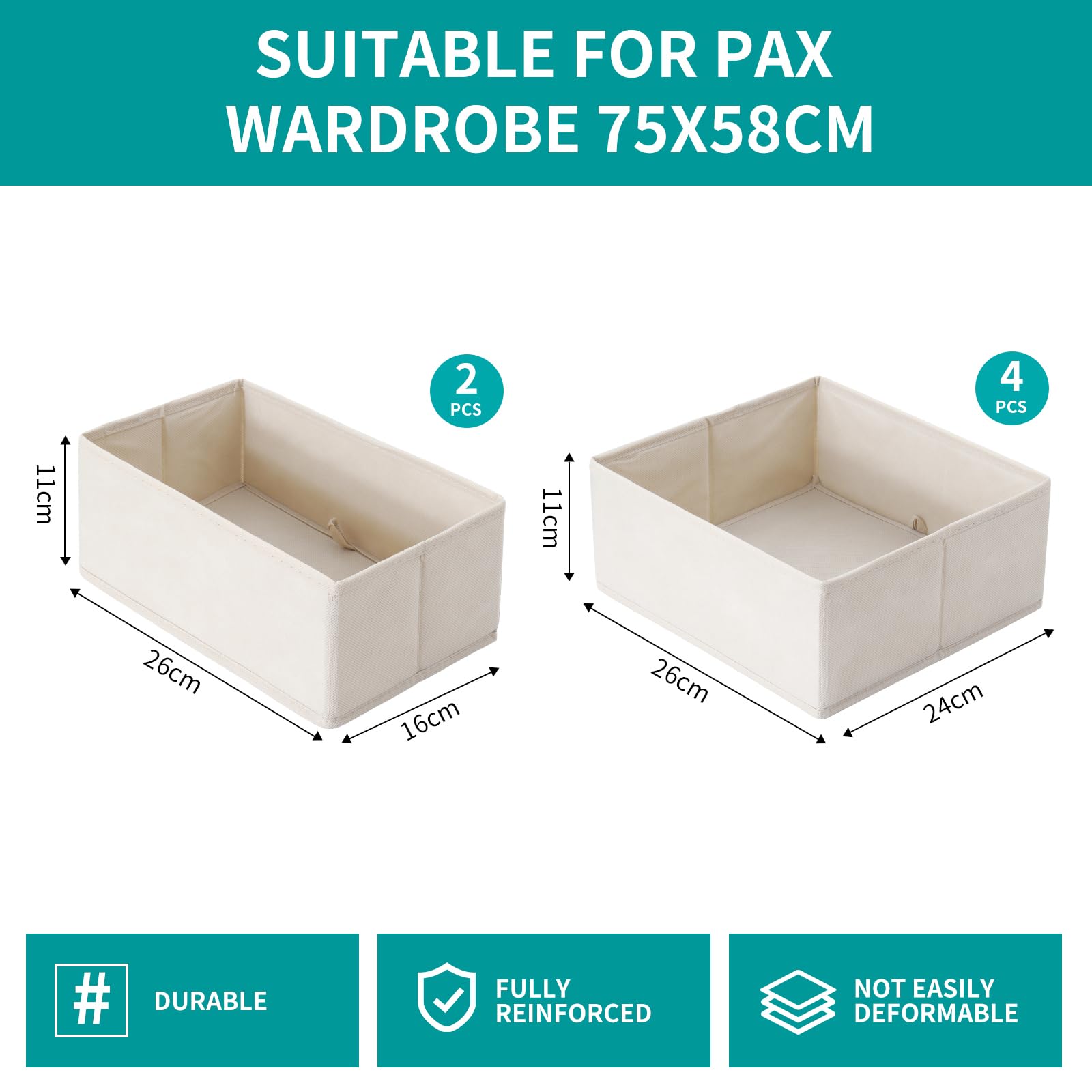 ORLISA 6 Pack Drawer Organizers Compatible with PAX Wardrobe 75x58 cm, Foldable and Stable, Robust Storage Boxes for Clothes Beige - Image 3