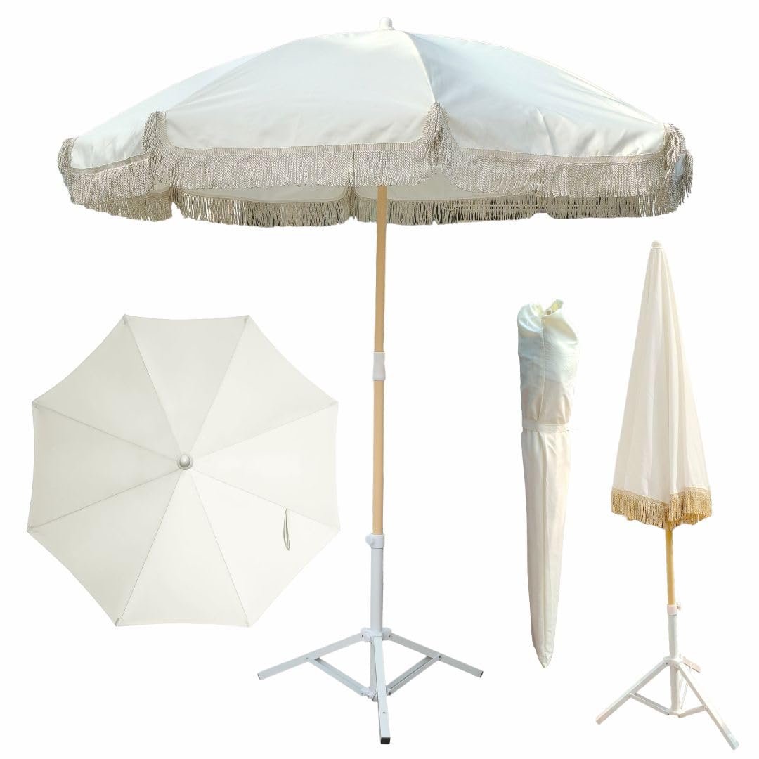 7 star DECOR Beach Umbrella with Fringe, Multi Color Striped, 6 ft Canopy, UV Protection, Wind Vent, Tiltable, Adjustable Stand (White) 4