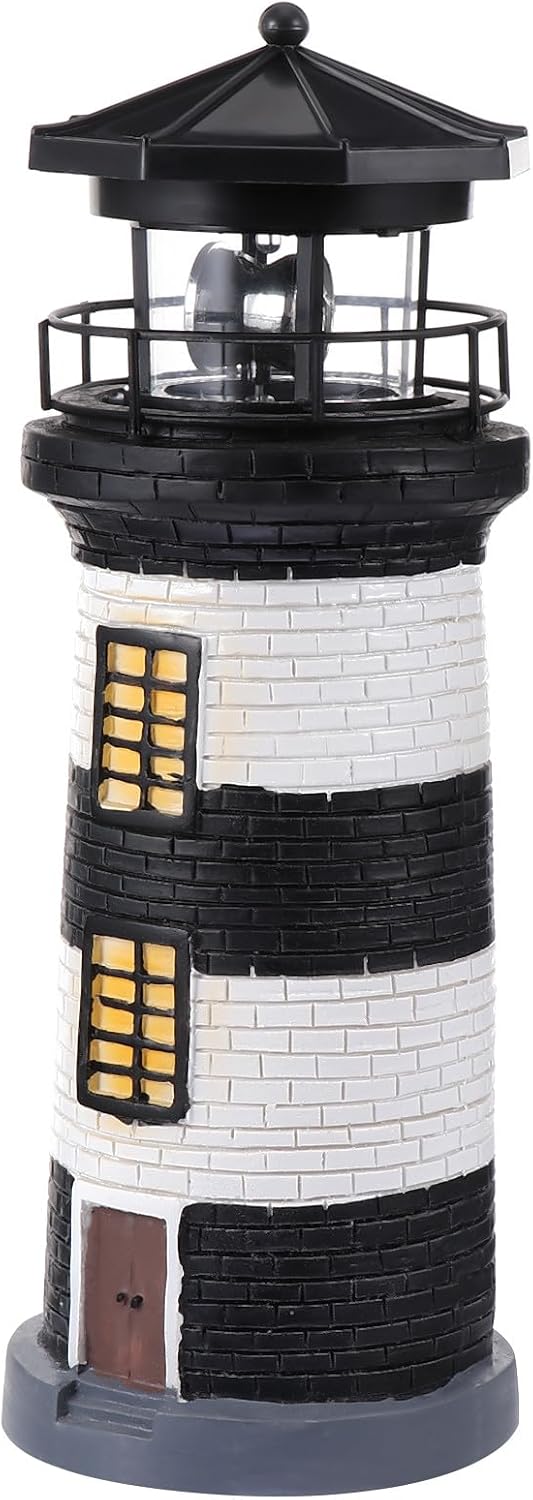 Solar Garden Lighthouse Decorative Outdoor Light for Patio Yard Courtyard, Black and White Solar-Powered Lamp with Weather-Resistant Design