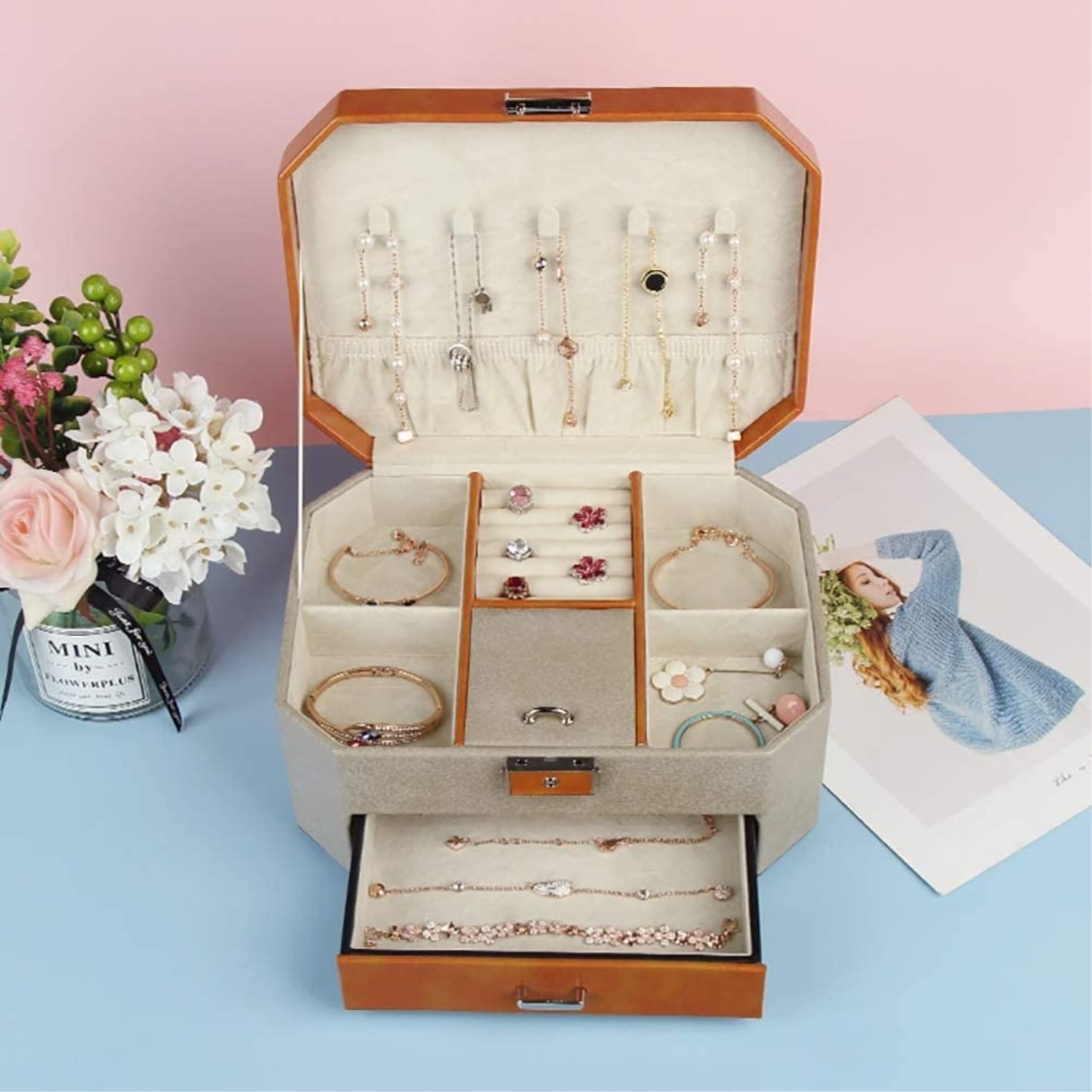 LLXYWJ Caja de joyería Expositor Caja de joyería Cajón Caja de joyería Organizador Collar Anillo Pendientes Caja de Almacenamiento de joyería Organizador de joyería para niñas