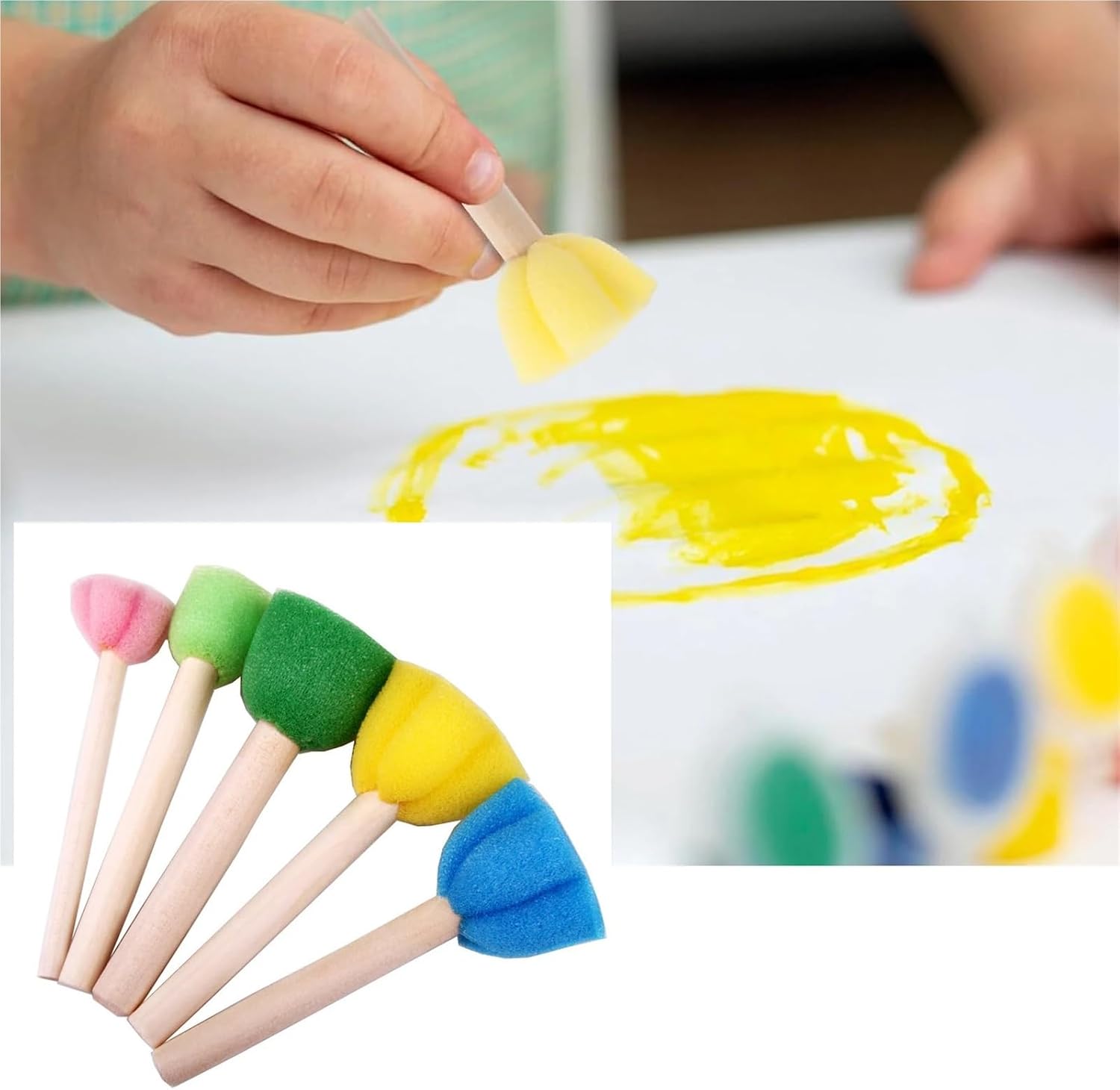 200 pcs Foam Sponge Brush with Wooden Handle Round Flower Multi Size Painting Tools for Kids Children DIY