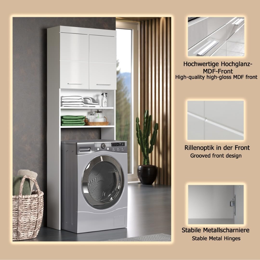 trendteam smart living - Amanda - Waschmaschinenüberbau - Weiß/Weiß Hochglanz - 2 offene Fächer + 3 Einlegeböden - (BxHxT) 63 x 187 x 24 cm - kratzfest