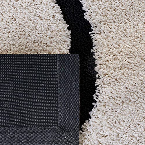 Image of Geometric Wave Shaggy Rectangular Carpet For Living Room,Bedroom,High Low Design Finish Microfiber 1.8 Inch Pile High,3X5 Feet Ivory|Black Color