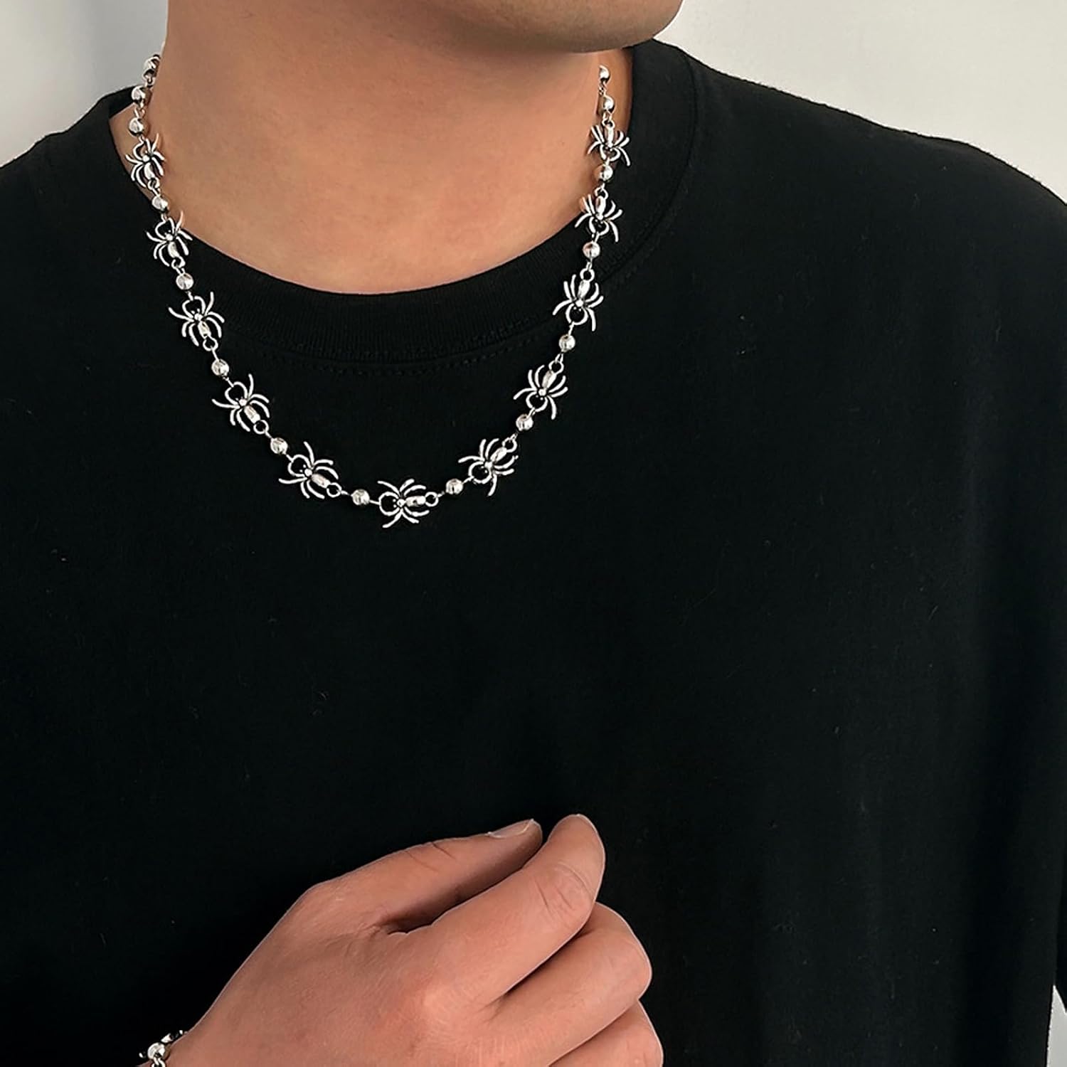 Gothic Punk Jewelry Set for Men Women Silver Tone Spider Chain Necklace and Bracelet Set Adjustable Vintage Rocker Accessories for Concert Party Halloween Outfit Gift image 3