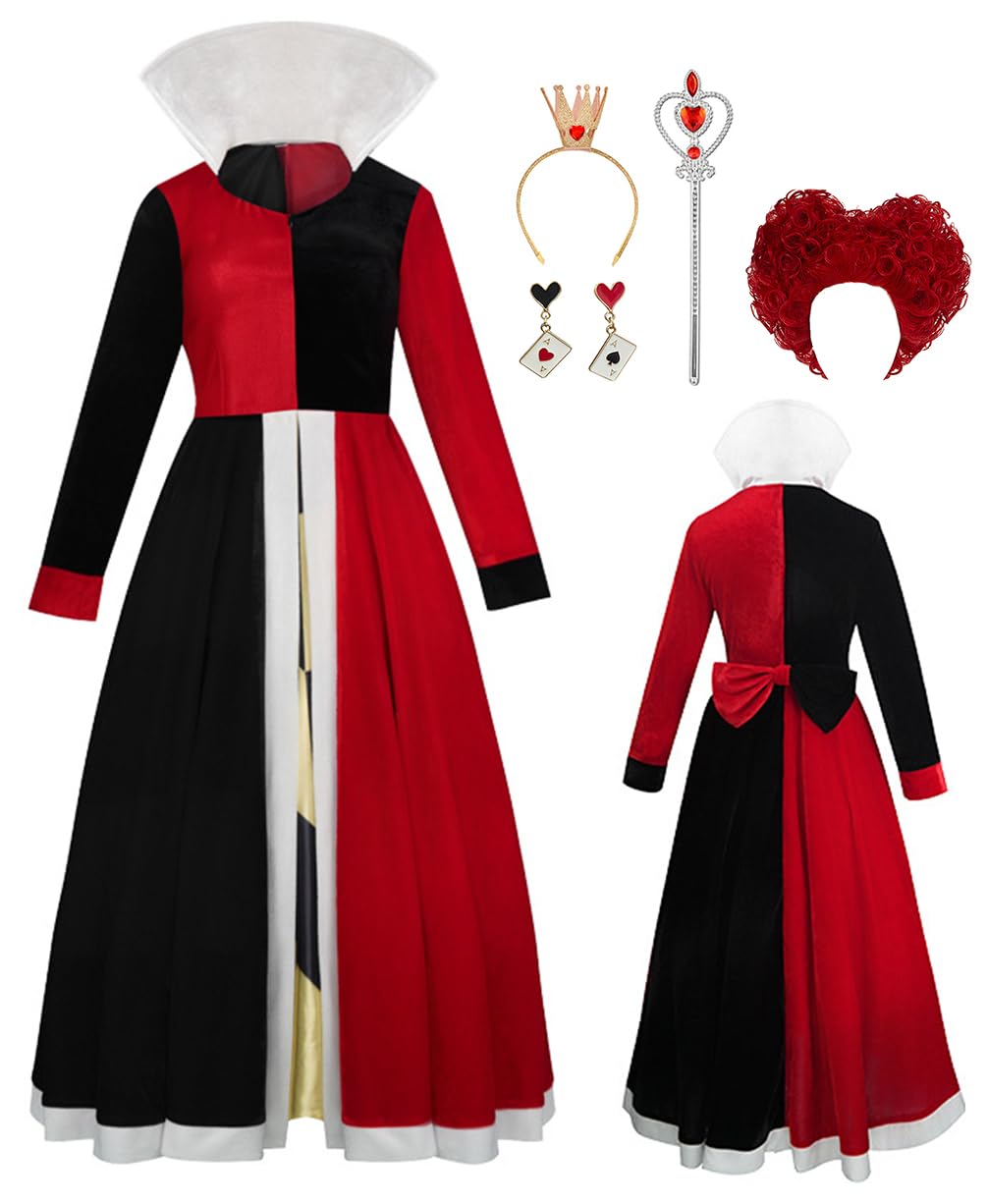 Cnulaueu Womens Heart Queen Pleuche Dress Suit Wonderland Cosplay Costume Halloween Outfit Red Prom Dress Full Set (Red with Wig, Large)