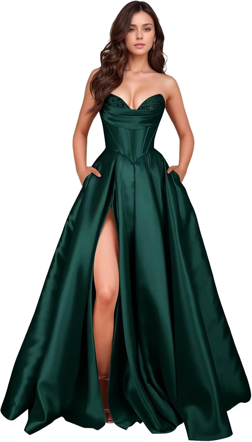 Strapless Satin Prom Dresses for Women Sweetheart Sequin Corset Long Ball Gown Formal Evening Dress with Slit