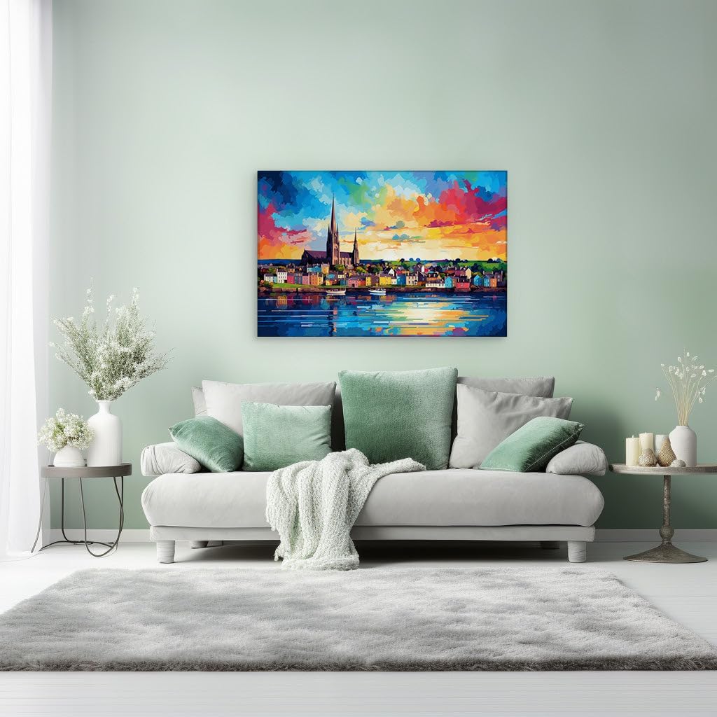 Canvas for Living room. Coastal Serenity at Dusk - Capturing the Enchantment of a Sunset Over a Colorful Town, 27 x 18 inch Canvas Wall Art - Contemporary Masterpieces - Modern Home Decor