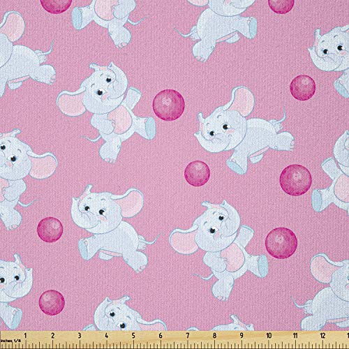 Image of Ambesonne Animal Fabric by The Yard, Girls Design Pattern with Happy Animals Joyful Fun Playing Dots, Stretch Knit Fabric for Clothing Sewing and Arts Crafts, 1 Yard, Blue Pink
