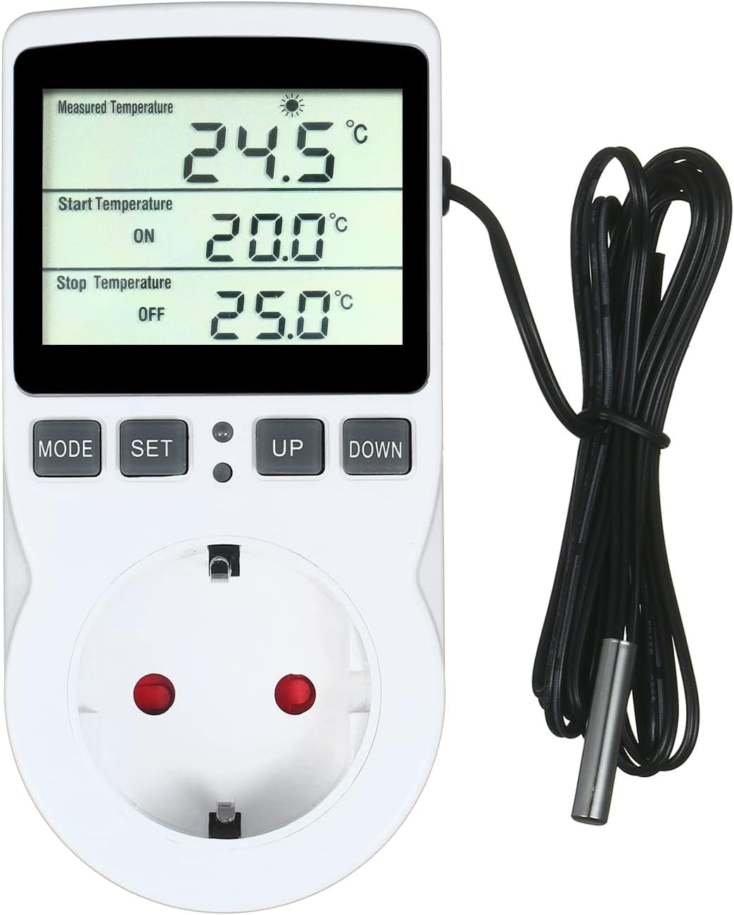 Termostato Digital, Weytoll Termostato LCD Enchufe de Salida Control de Enfriamiento de Calefacción para Terrario Acuario Reptiles Toma de Salida con Control de Temperatura con Temporizador y Sonda