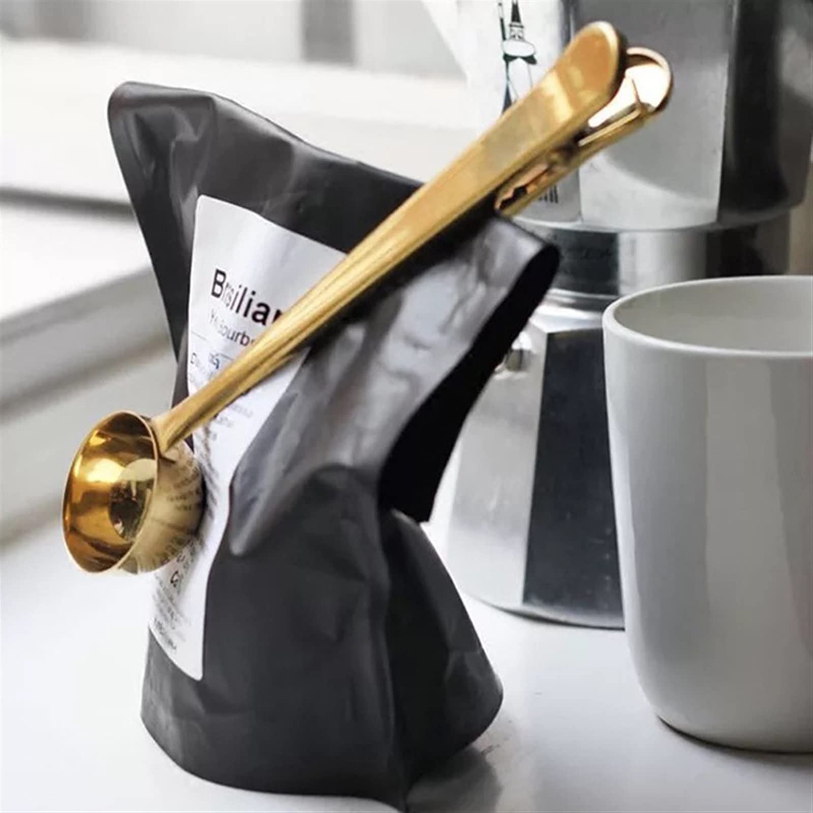 Cucharones de Cocina 2 en 1 Cuchara de café con Mango Largo y Clip para condimentos en Polvo de Cocina Cucharas medidoras de Buen Sellado Utensilios de café (Dorado) (Dorado)