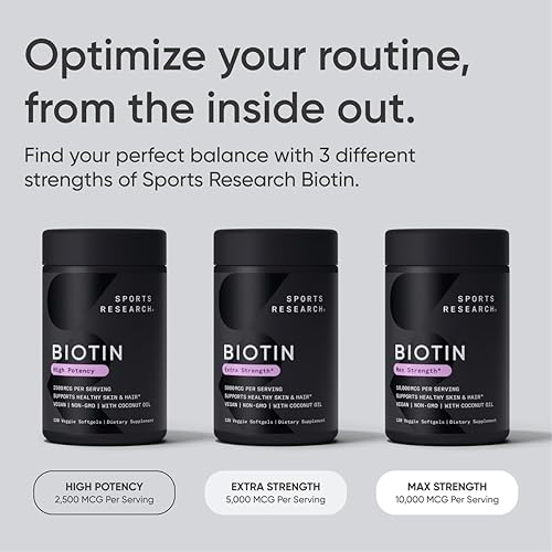 Miniatura 7 de Sports Research Suplemento de biotina vegana extra fuerte (vitamina B) con aceite de coco orgánico, apoya la queratina para un cabello y una piel