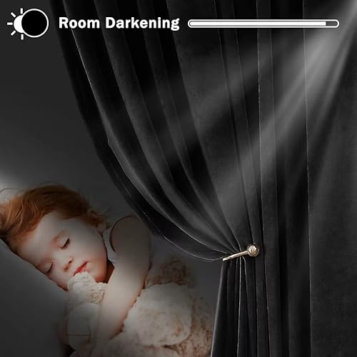 Miniatura 6 de YURIHOME Cortinas opacas de terciopelo negro de 90 pulgadas para dormitorio, con aislamiento térmico, oscurecimiento de la habitación, bloqueo solar