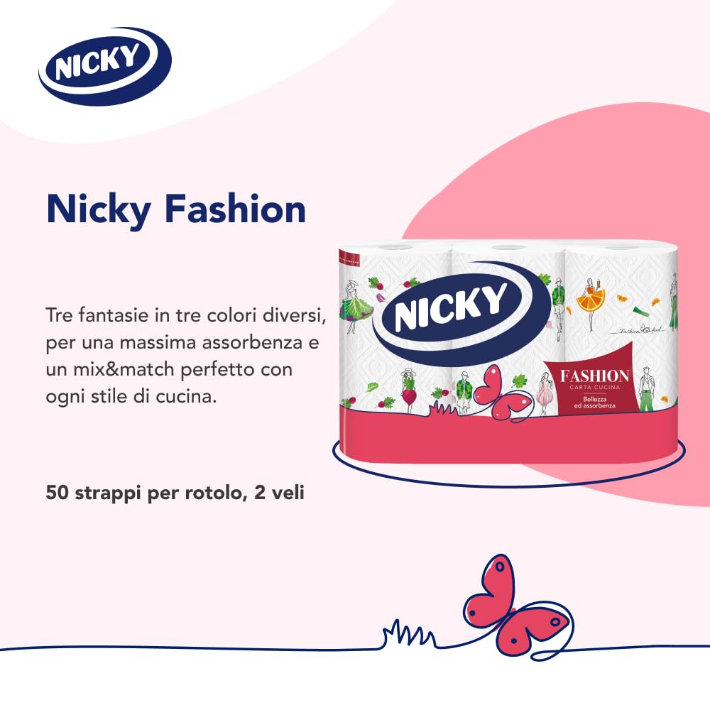 Nicky Fashion - 21 Rotoli di Carta Cucina, 50 Soffici Fogli a 3 Veli, 3 Diverse Fantasie per un Mix&Match in Diversi Colori, Massima Bellezza ed Assorbenza, Carta 100% Certificata FSC