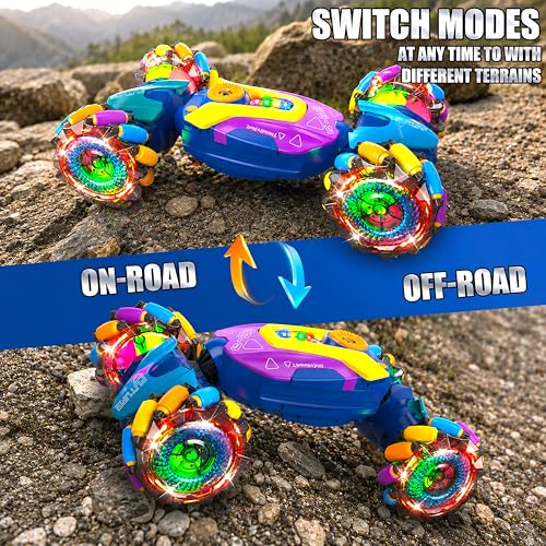 Image of VGRASSP 4WD Dual Control Torsion Stunt Drift Mist Car Toy for Kids with Lights and Music - 360 Rotating Double Sided RC Smoke Car with 2.4GHz Remote Control and Gesture Wrist Controller - Multicolor
