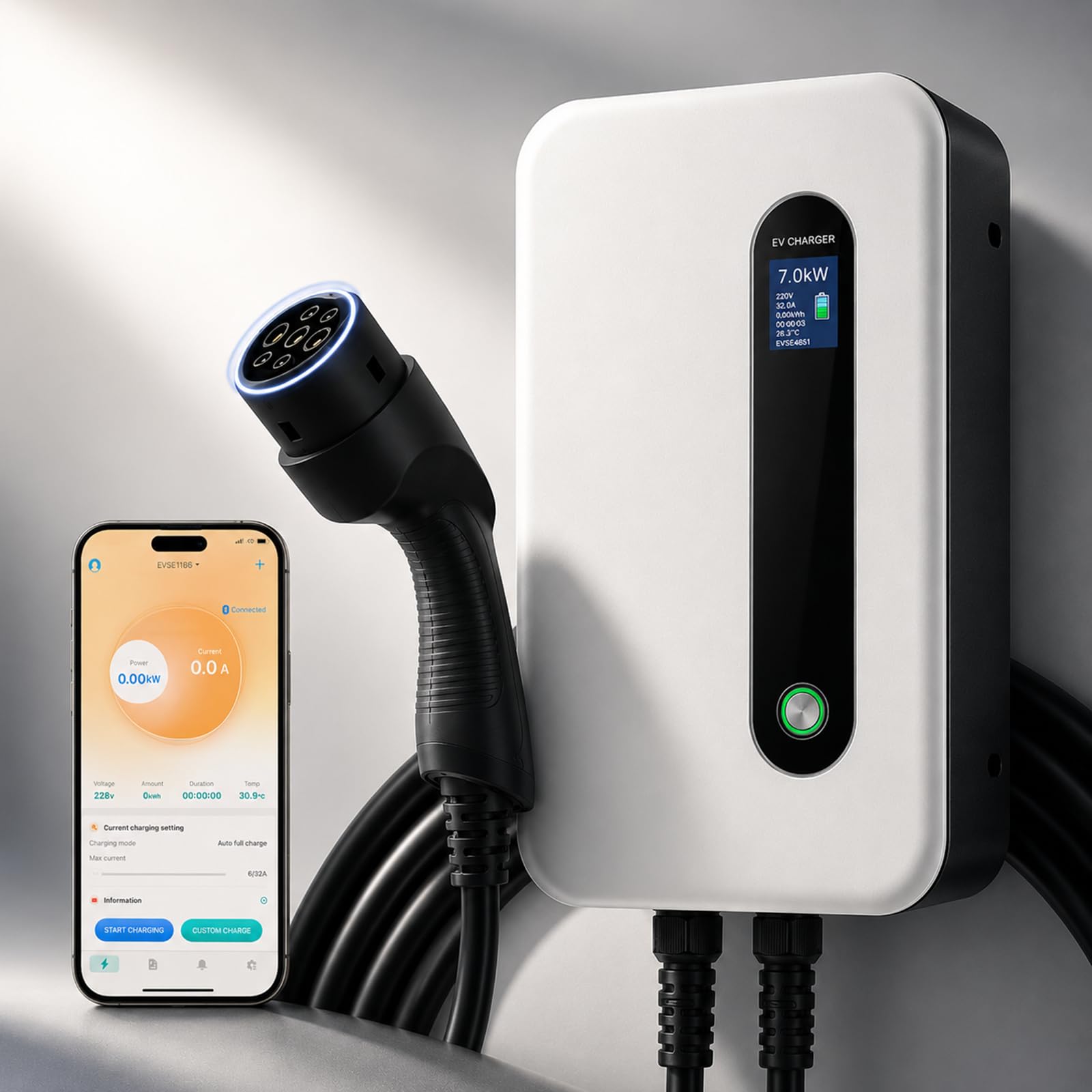 7.4KW Ricarica Auto Elettrica, Tipo 2 6M Cavo Ricarica EV, 32A Wallbox con Display LCD, IP66 Impermeabile Caricabatteria da Auto Elettrica Compatibile con Model Y e Altri EV