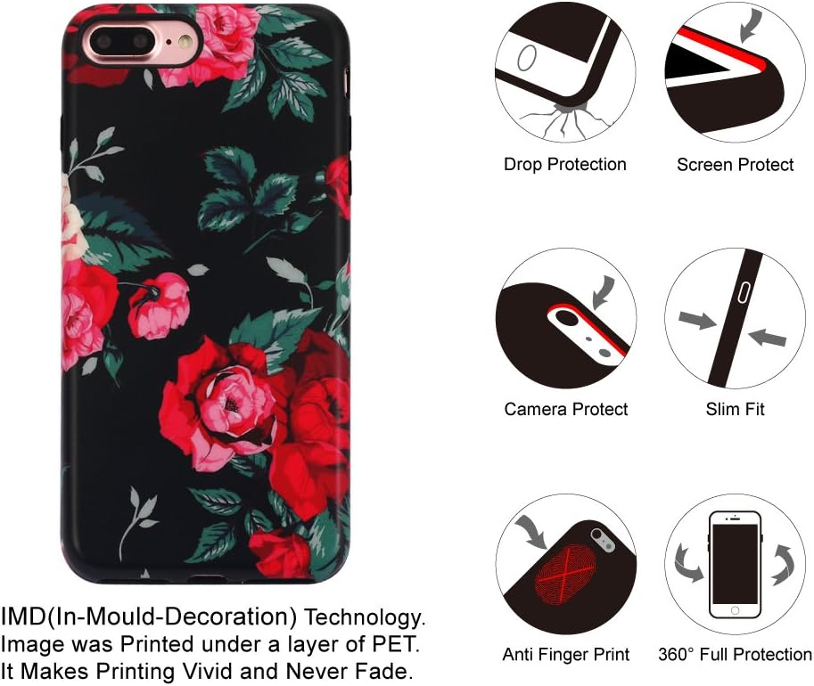 NASOUSA iPhone 7 Plus for Girls,Floral case,IMD Printing Slim-Fit Ultra-Thin Anti-Scratch Shock Proof Dust Proof Anti-Finger Print TPU Case for iPhone 8 Plus(5.5 inch) Women Black Flower