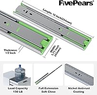 Vista 2 de FivePears 2 pares de guías de cajón de 10 pulgadas de alta resistencia con cierre suave, capacidad de carga de 150 libras, extensión completa