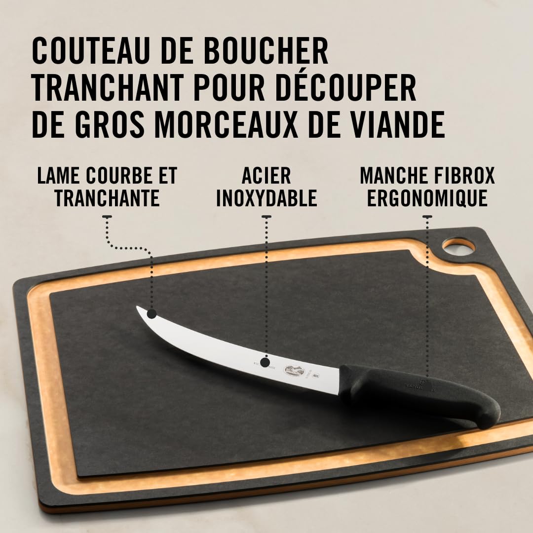Victorinox Fibrox Couteau de boucher, Couteau long pour couper de gros morceaux de viande, 20 cm, Lame incurvée, Tranchant, Inox, Noir