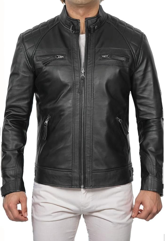 DECIMAL Men's Black Genuine Lambskin Leather Biker Jacket VINTAGE REAL MOTORCYCLE JACKETS FOR MEN - Image 5