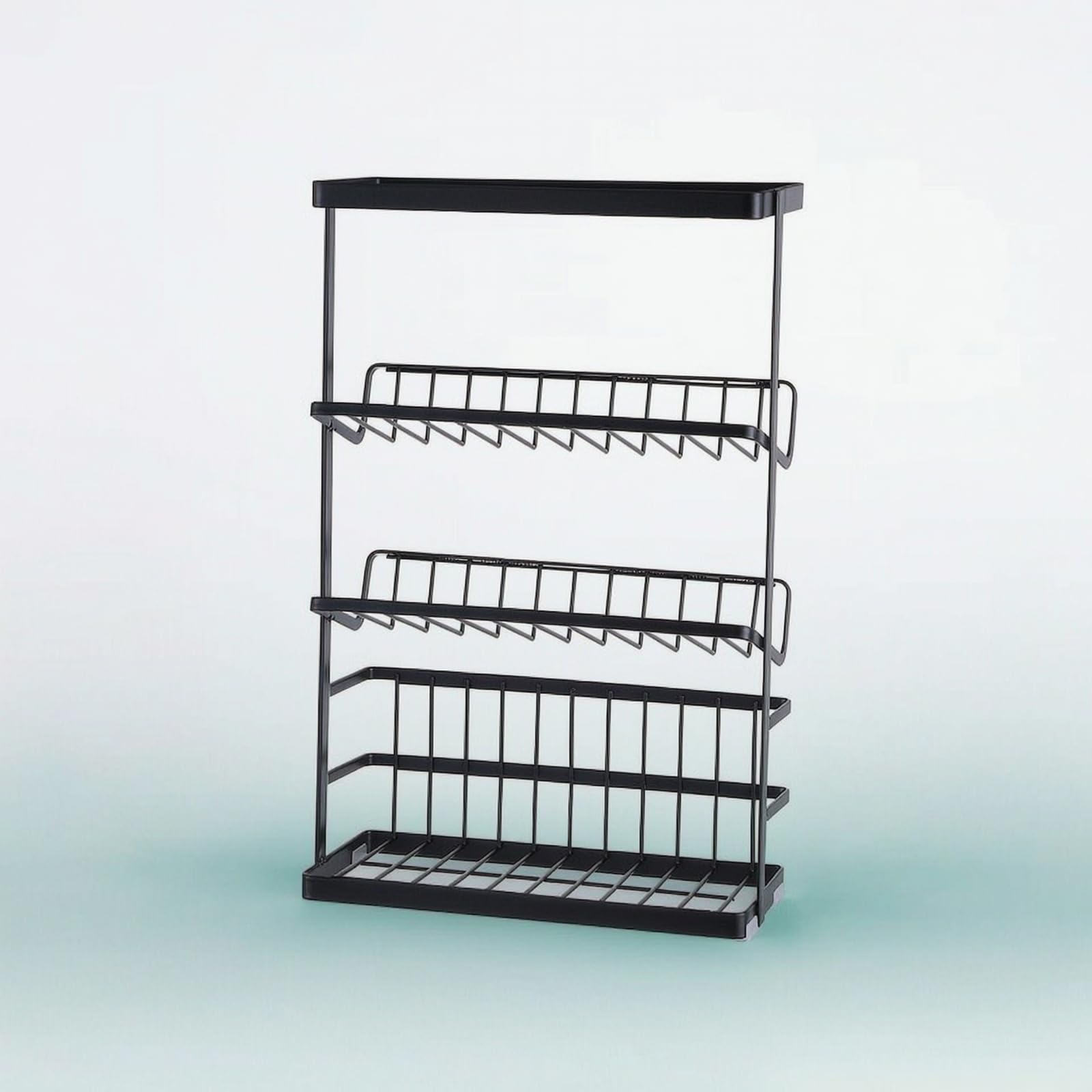 Mensola Bagno Scaffale Ripiano Portasapone Portautensili con Design Aperto a 3 Ripiani Inclinati Finitura Antiruggine Struttura da Pavimento Adatta per Bagno Casa Vacanza Pensione, Nero
