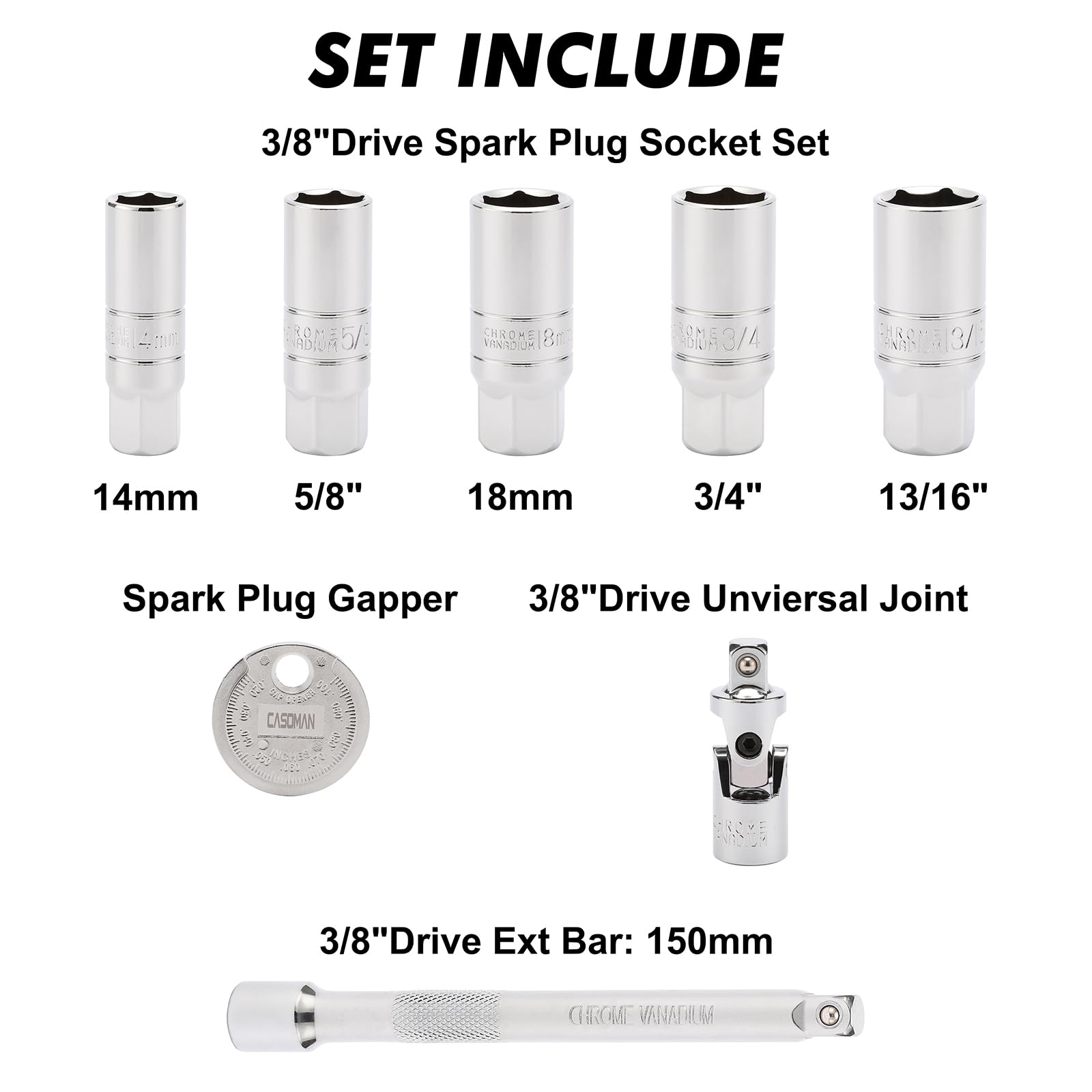 CASOMAN 3/8" Dr. Spark Plug Socket Set, 6-Point, Include 6-Inch Extension Bar, Universal Joint & Spark Plug Gapper - Image 3