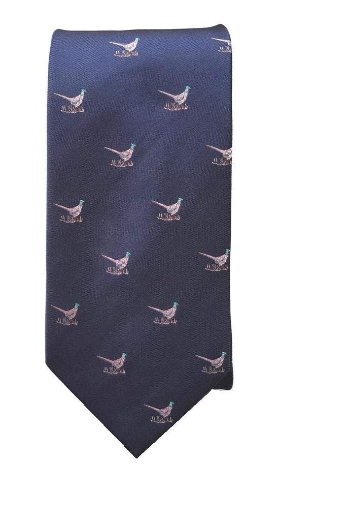 Farm Cottage Brands Men's Blue Woven Tie With Pink Standing Pheasants On A Navy Background - Great For A Game Shooting Day Or To Wear Generally (975)