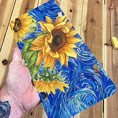 Starry Night Sunflower License Plate Covers Decorative Car Front License Plate Novelty Vanity Tag Aluminum Metal Car Plate For Women Men, 6X12 Inch (4 Holes) #TOP1