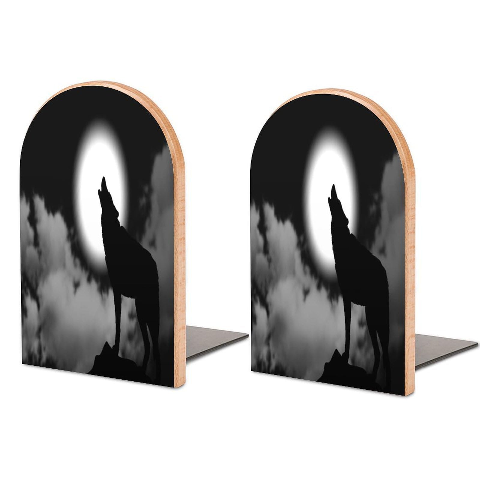 Simple of Wolf Howling At The Moon Beech Wood Bookends Heavy Duty Book Organizers Desktop File Holder for Office Home Bookshelf