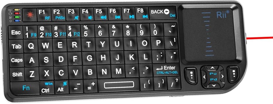 لوحة مفاتيح Rii Mini اللاسلكية مع TouchpadQWERTY، دعم اتصال Bluetooth2.4 G، مؤشر ليزر مدمج، لوحة مفاتيح بإضاءة خلفية محمولة مع جهاز تحكم عن بعد، X1-BT أسود