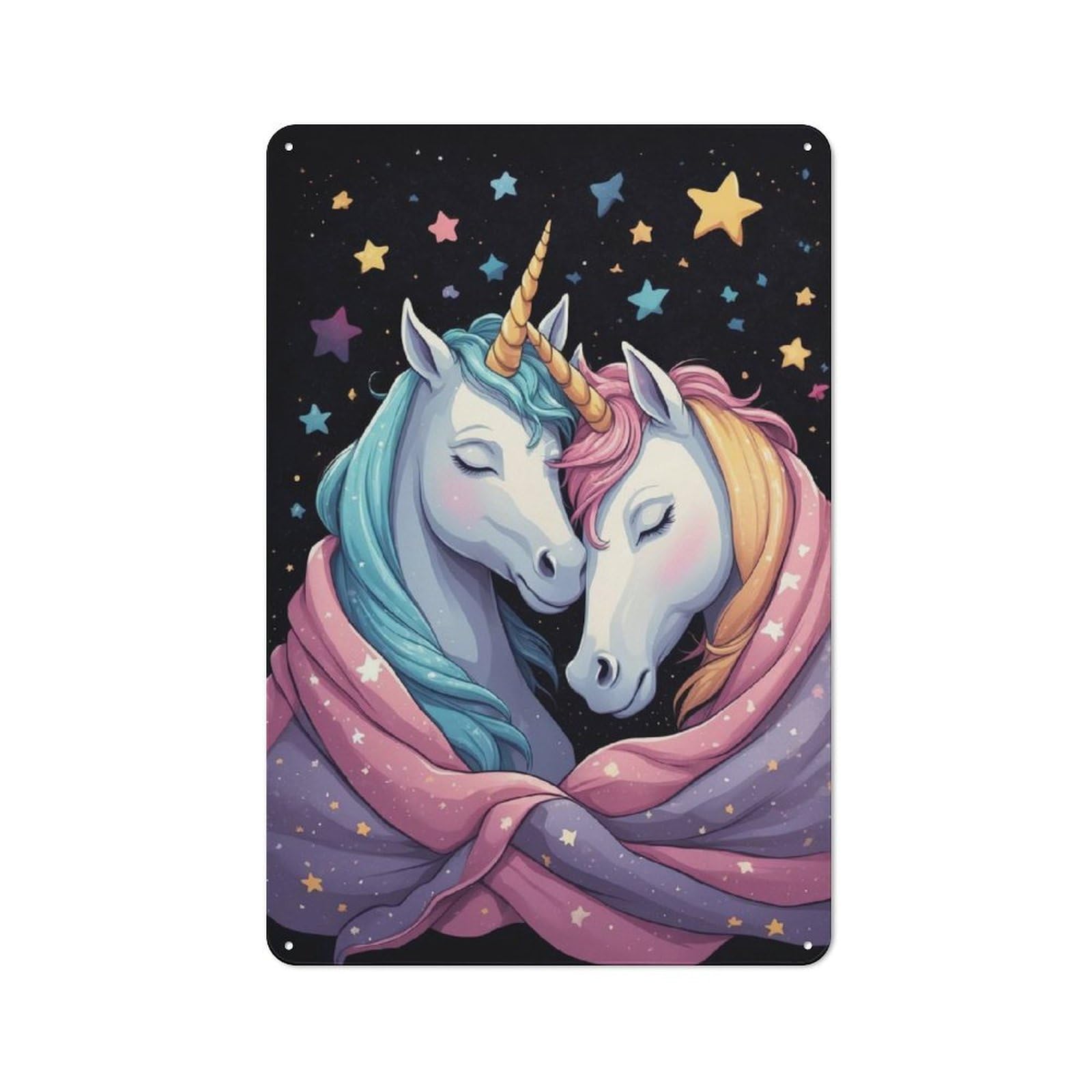 Junmoney Style-21 Character Decorative Tin Plaque 30X20cm Featuring Two Unicorns Embracing In Starry Night, Home Wall Decor For Flat, Dorm Room, Lounge Or Cafe