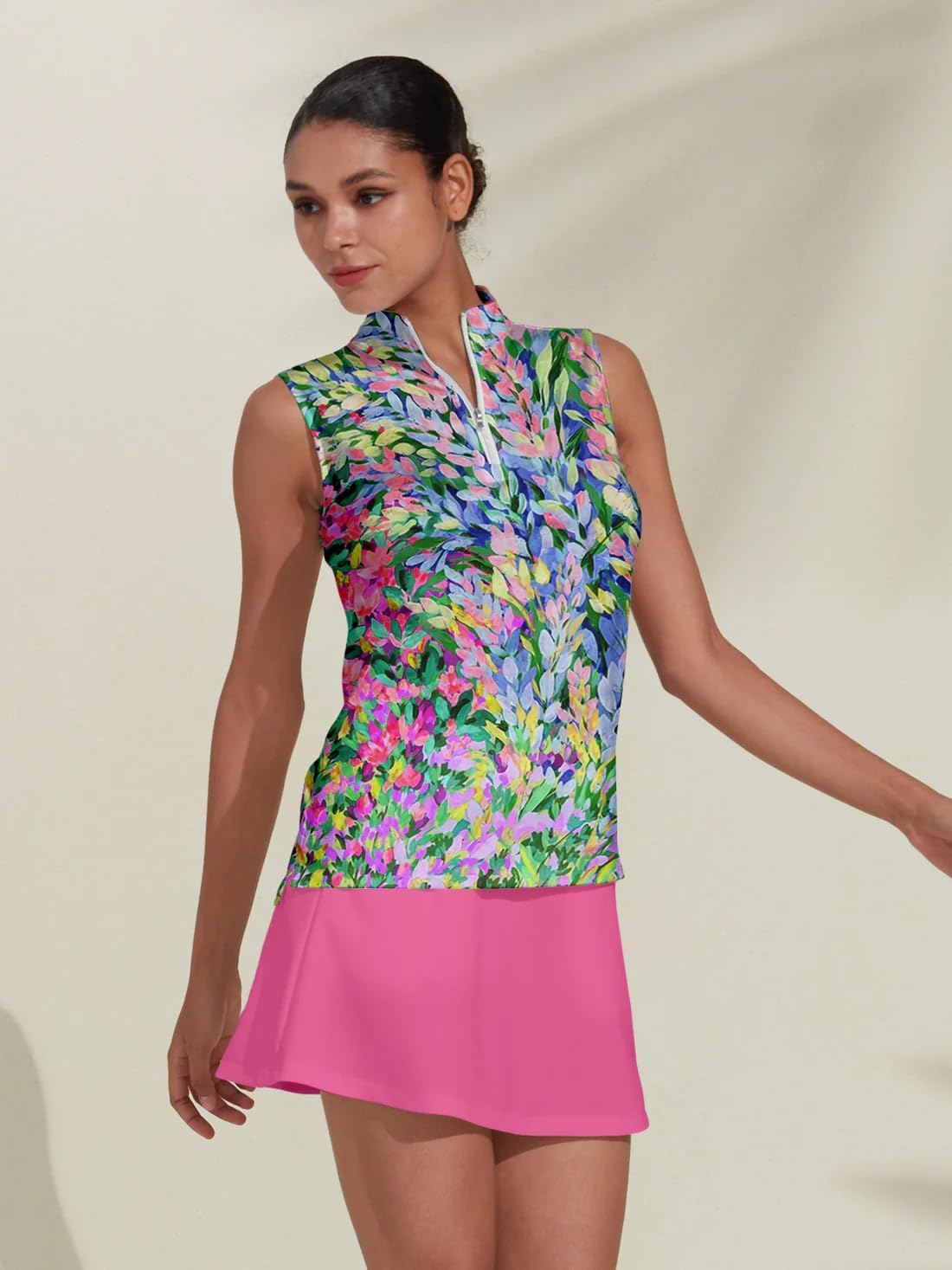 Women's Golf Shirts Sleeveless Printed Polo Shirt for Women Quick Dry Quarter Zip Stand Collar Tee Shirt Workout Top