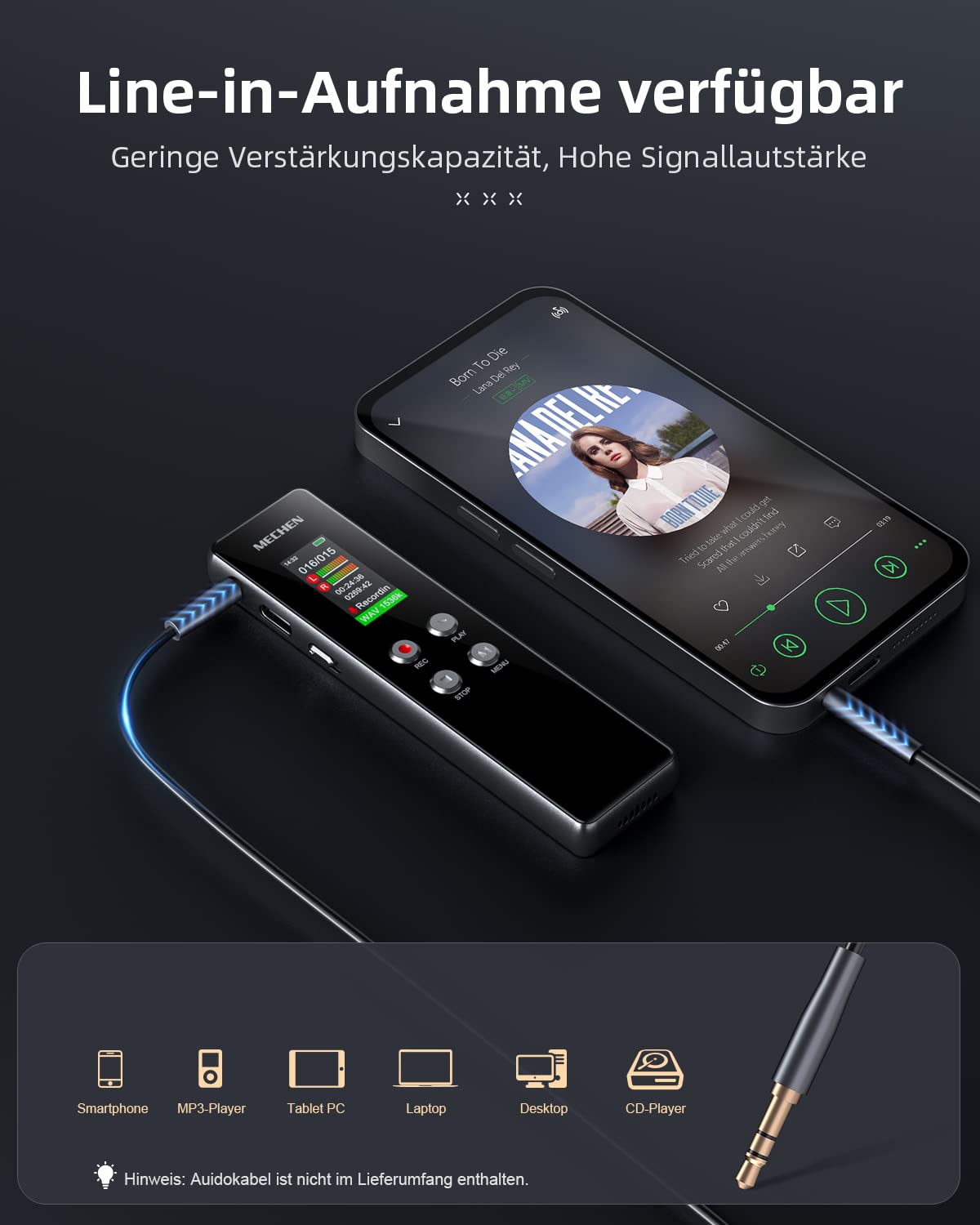 MECHEN 64GB Diktiergerät, EIN-klick HD-Aufnahme (1536kbps), VOR Sprachrekorder, Autom. Rauschunterdr. | MP3-Player | Passwortschutz | 300mAh Akku (64GB)