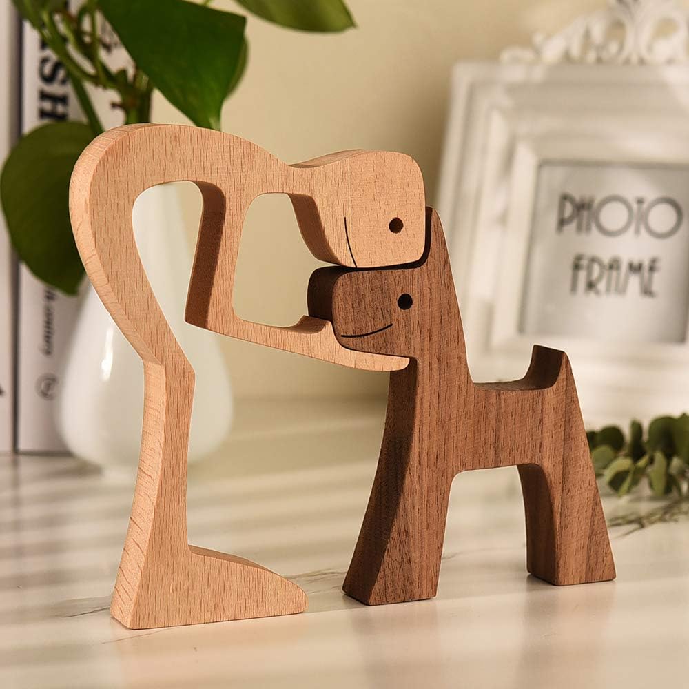 GUANKE Wooden Man & Dog Statue Figurine Handmadee Wood Decoration for Home Office Desk Decoration Memorial Gift for Dog Lovers