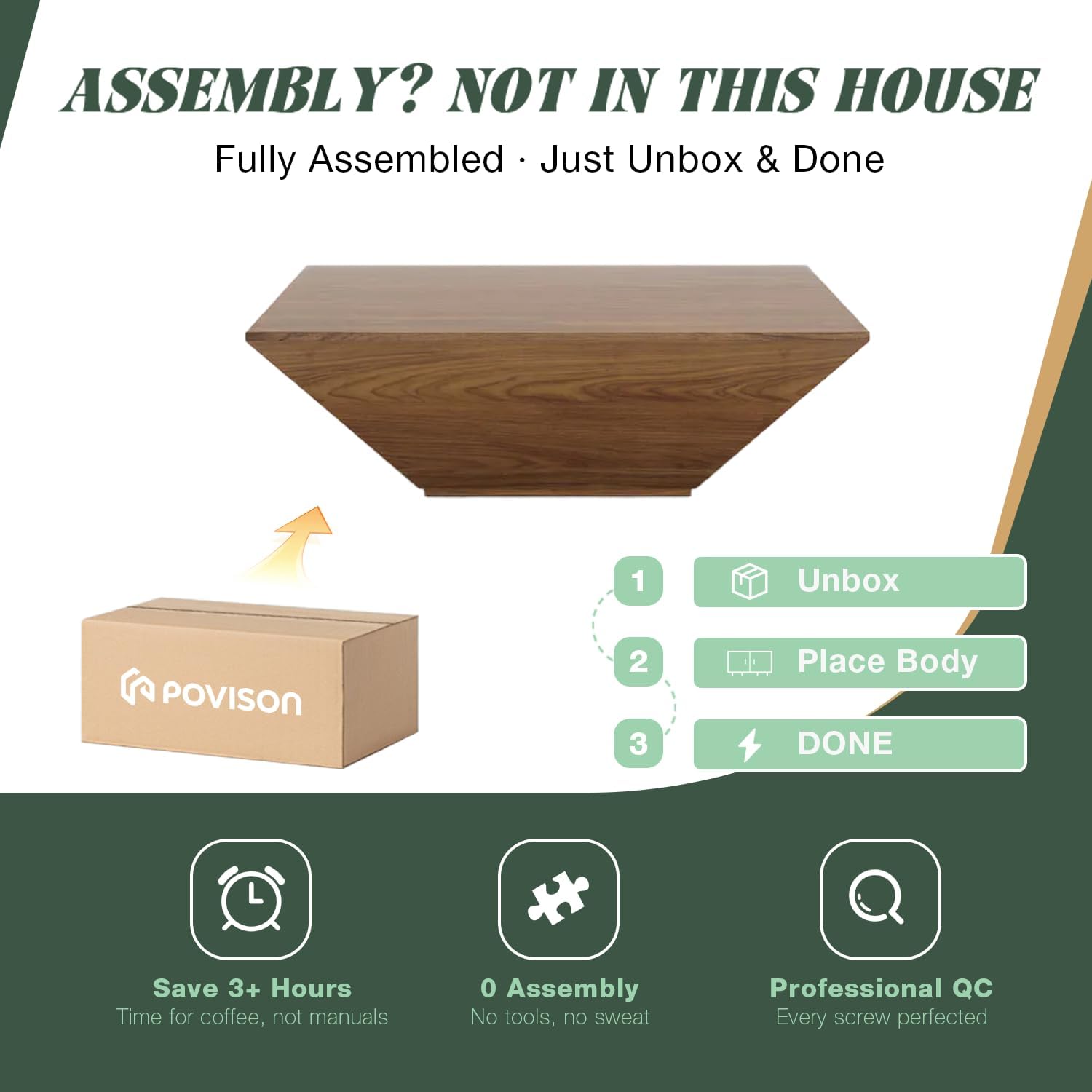 POVISON Modern Coffee Tables for Living Room, Square Coffee Table with Storage, Wood Coffee Table with Drawers, 39.4" Walnut Trapezoidal Living Room Tables for Home Office, Fully Assembled
