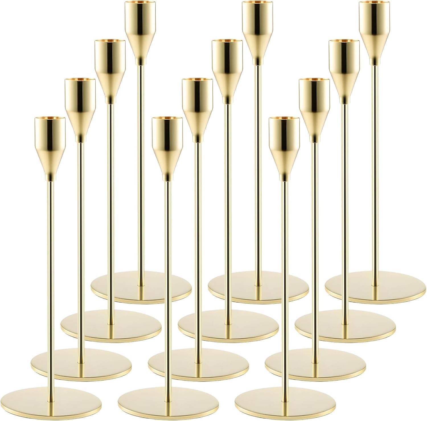 FERNVALE 12PCS Candlestick Holders for Taper Candles Elegant Metal Candle Stands for Weddings, Parties & Home Decor (Fits 3/4" Candles) Tall & Short Candle Holders (Gold)