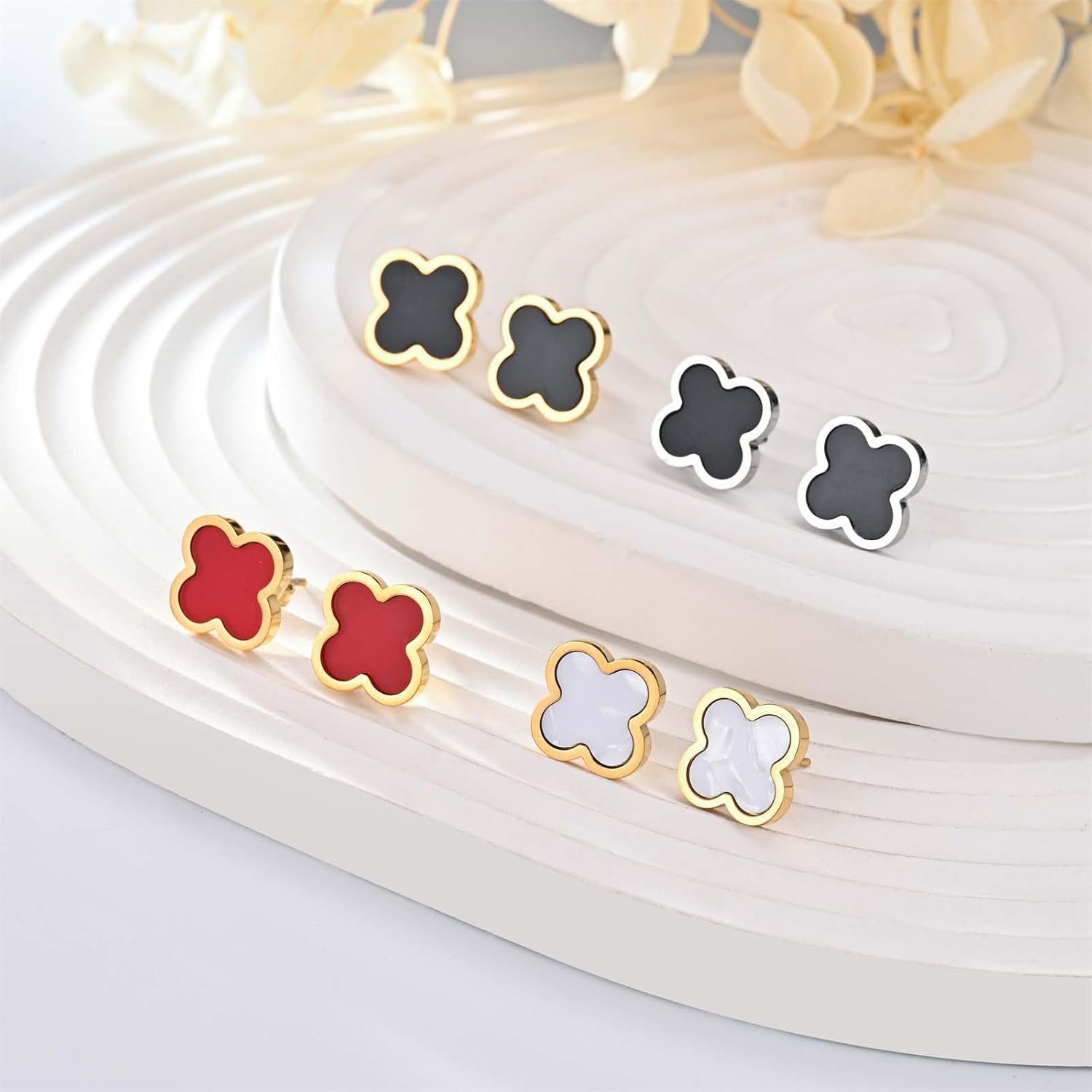 Clover Necklace and Stud Earrings Jewelry Set White Black Red Clover Pendant Necklace 18k Gold Plated Four Leaf Clover Necklace Earrings Set Gifts for Women - Image 7