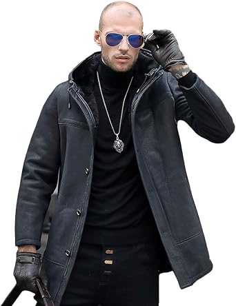 Denny&Dora Mens Shearling Coat Blue B3 Bomber Jacket Hooded Leather Jacket Winter Coats Long Sheepskin Coat