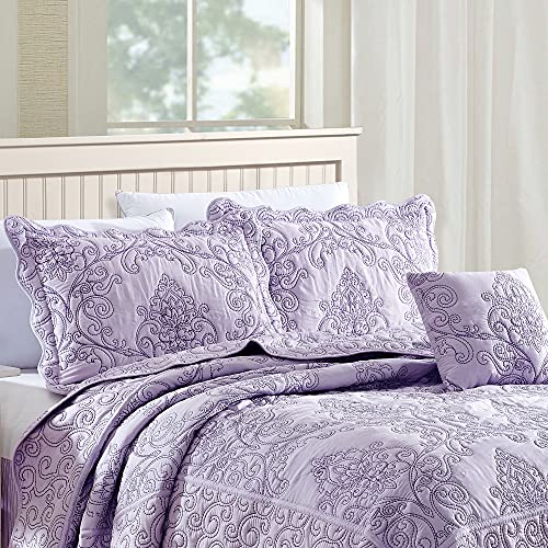 Home Soft Things Damask 4 Piece Bedspread Set, Scalloped Edge Reversible Coverlet Comforter Prewashed Bedding Set, Matelasse Embossed Floral Solid Pattern,Lavender Fog Oversize Queen(110" X 120") #TOP1
