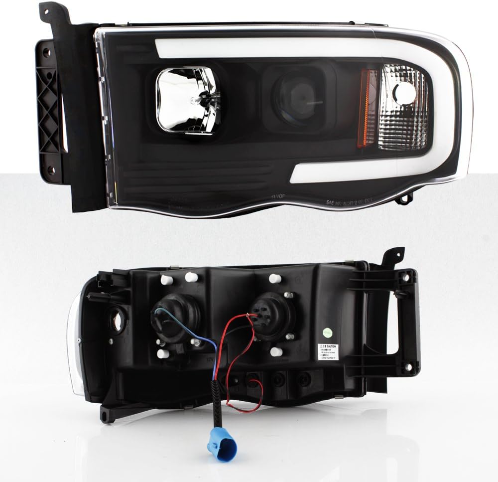 AKKON - For 2002-2005 Dodge Ram 1500 03-05 2500 3500 Black LED Tube Projector Headlights Pair Left+Right Side